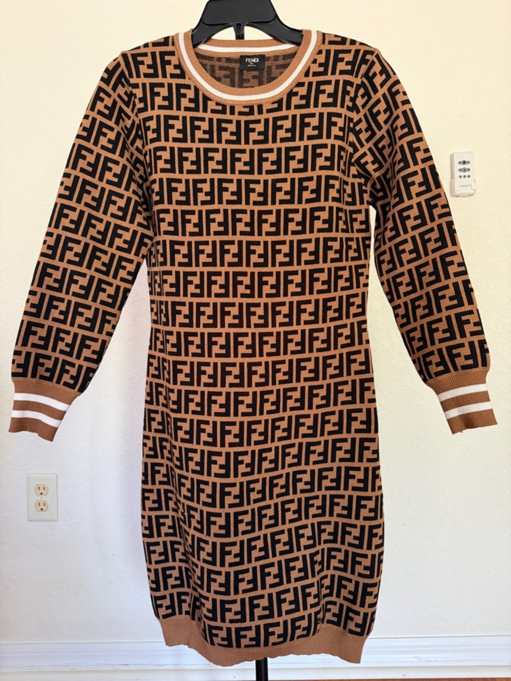 Authentic Fendi Brown & Black FF Logo Knit Dress with Striped Trim size small
